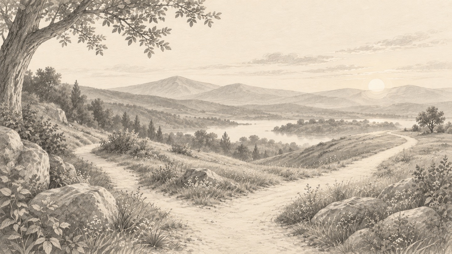 Pencil sketch of a quiet landscape where a path divides across a valley toward distant hills and sunlight.